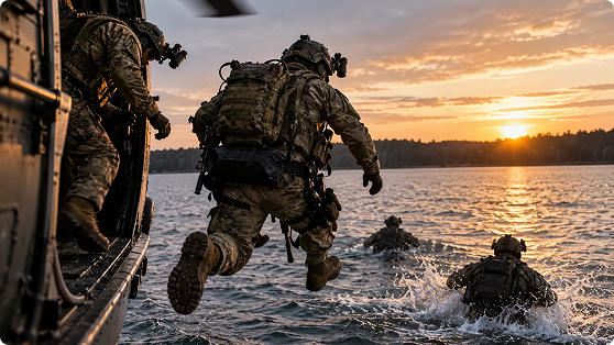 Soldiers jumping from a helicopter into water at sunset