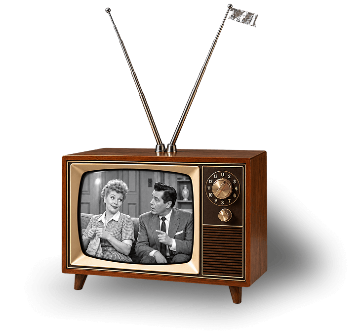 Retro TV with rabbit-ear antennas playing a classic black-and-white show